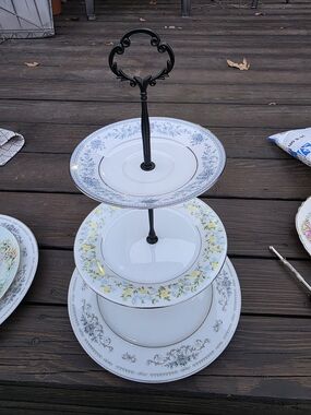 Three-Tier Porcelain Serving Stand in White with Floral Accents